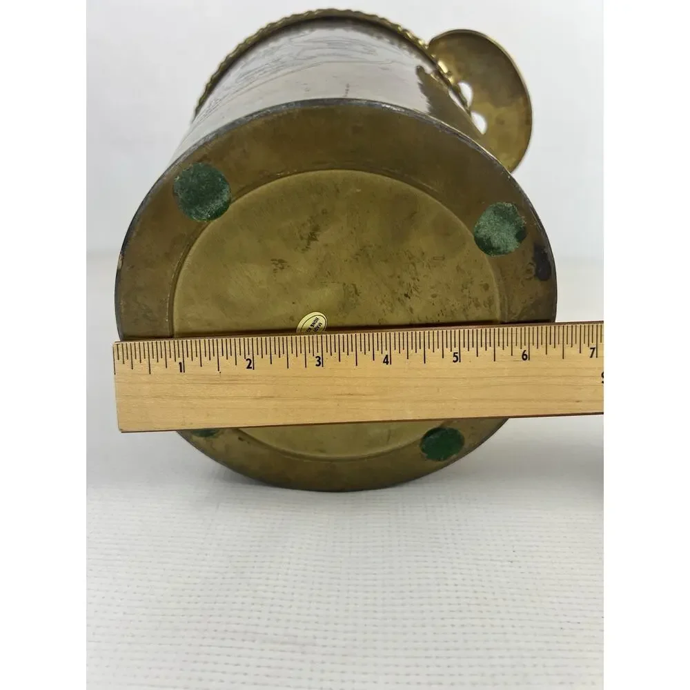 Vintage Brass Ice Bucket Wine Cooler Engraved Etched Planter Asian Scenic Handle